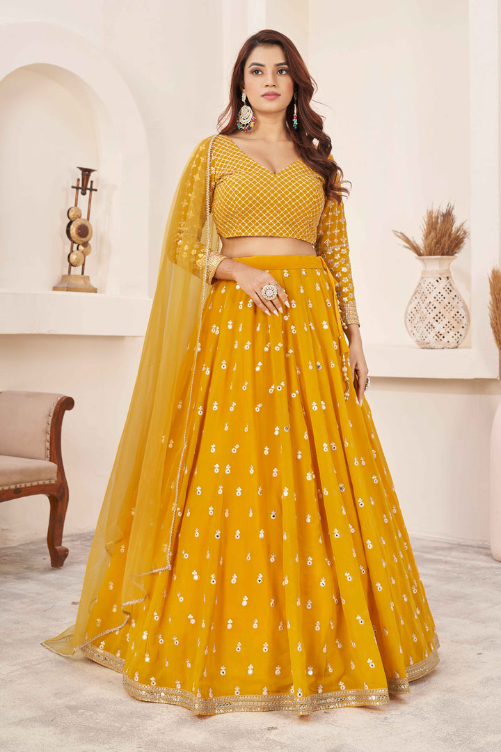 Dazzling Yellow  Sequins Georgette Wedding Wear Lehenga Choli