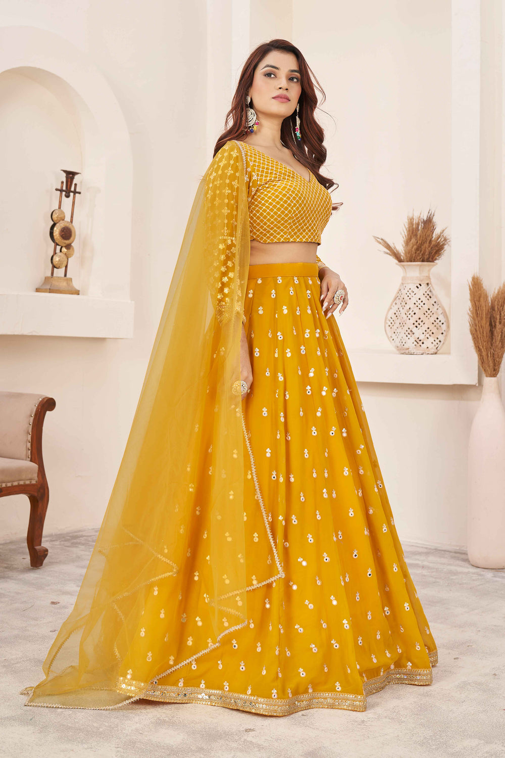  Beautiful Bride in Yellow Sequins Georgette Lehenga Choli with Traditional Indian Wedding Jewelry