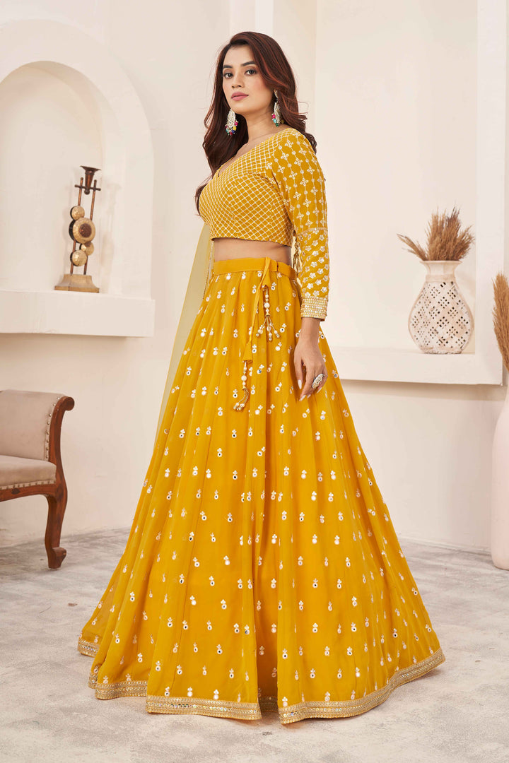 Dazzling Yellow  Sequins Georgette Wedding Wear Lehenga Choli