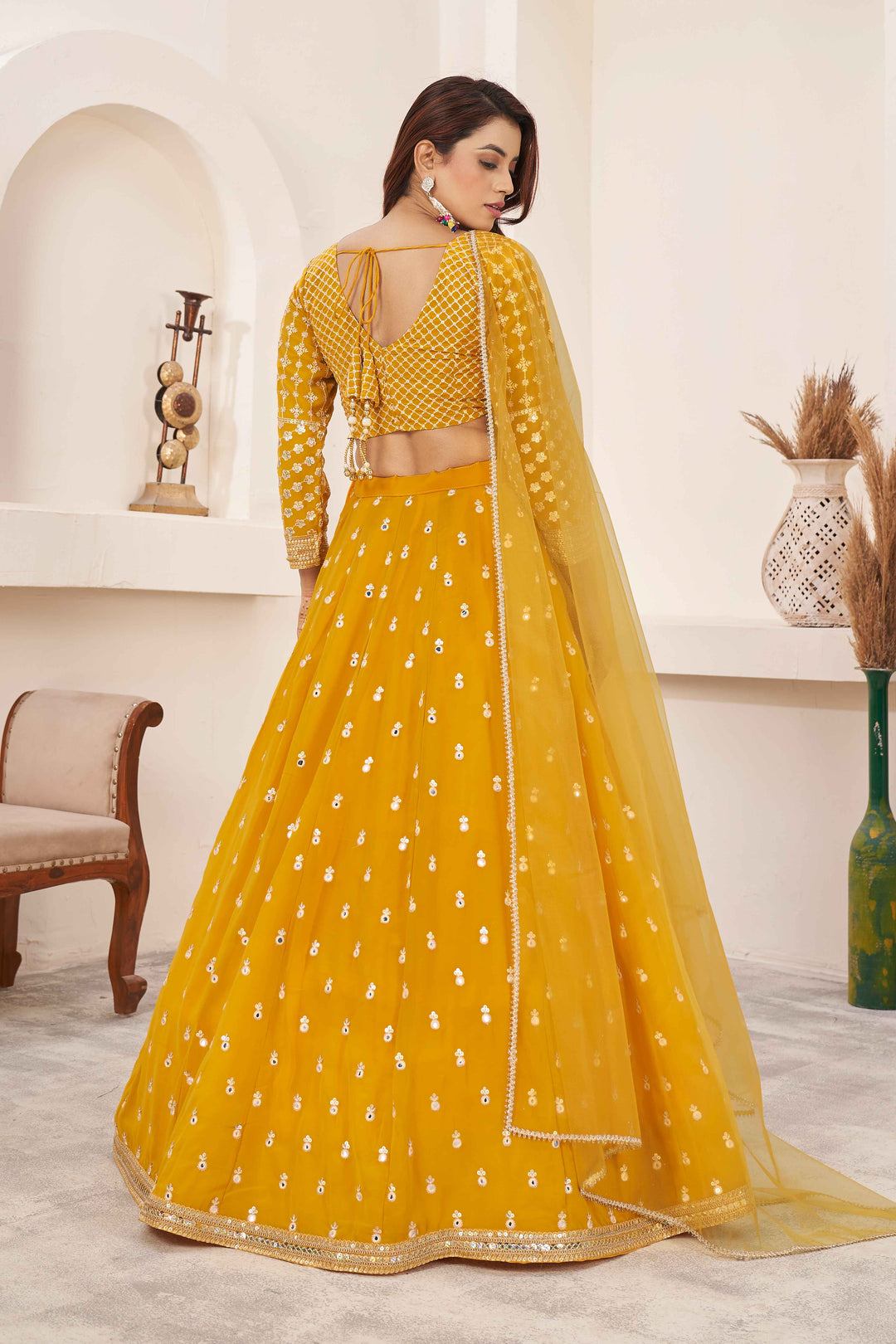 Dazzling Yellow  Sequins Georgette Wedding Wear Lehenga Choli