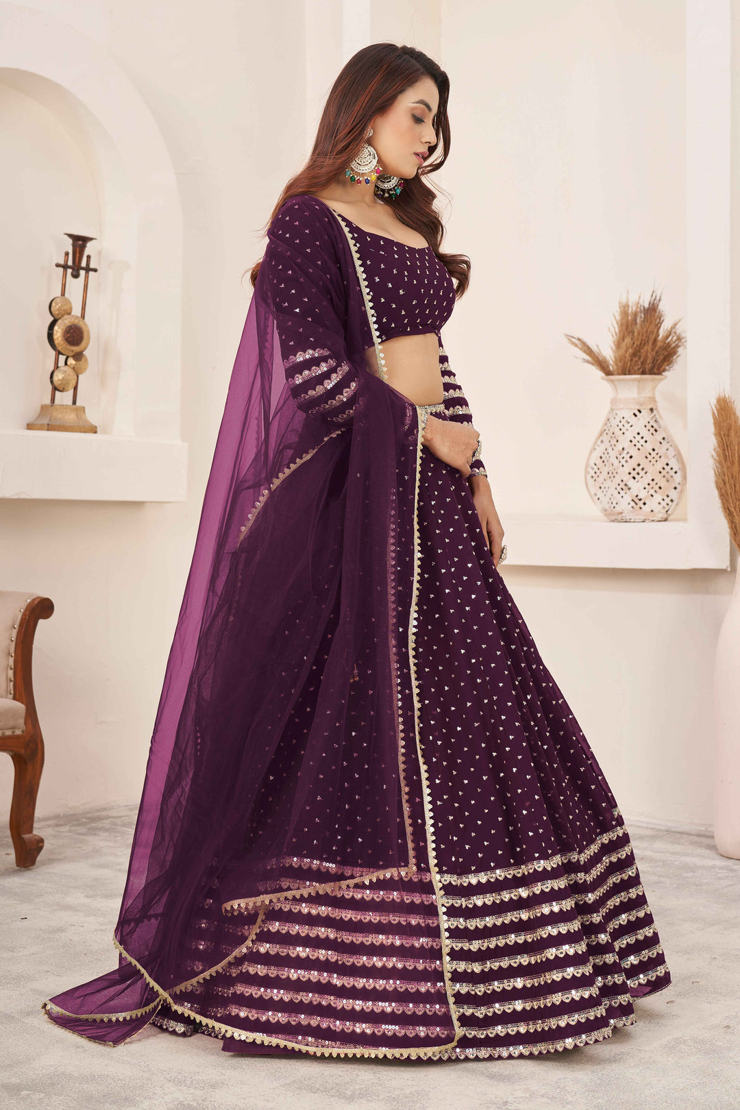 Dazzling Wine Sequins Georgette Wedding Wear Lehenga Choli