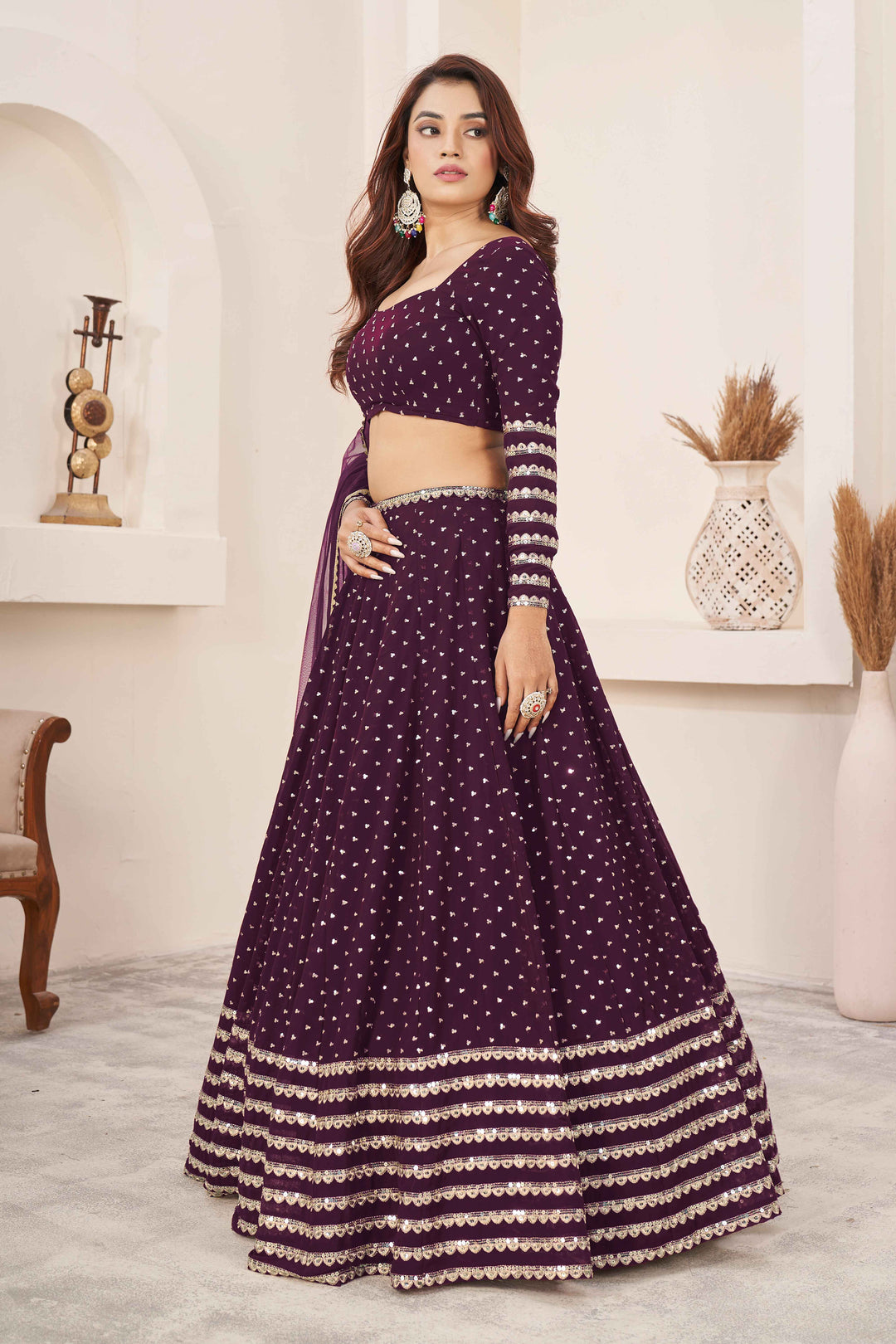 Dazzling Wine Sequins Georgette Wedding Wear Lehenga Choli