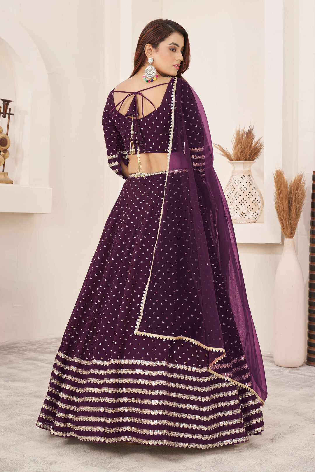 Dazzling Wine Sequins Georgette Wedding Wear Lehenga Choli