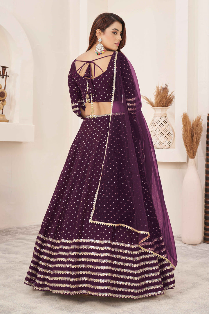 Dazzling Wine Sequins Georgette Wedding Wear Lehenga Choli