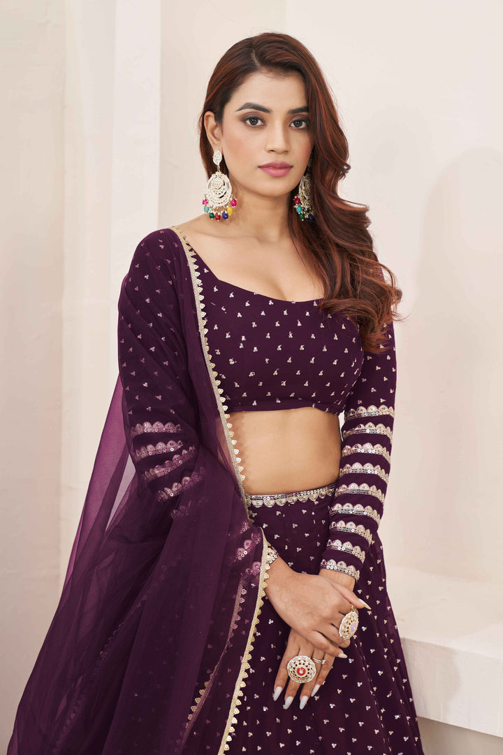 Dazzling Wine Sequins Georgette Wedding Wear Lehenga Choli