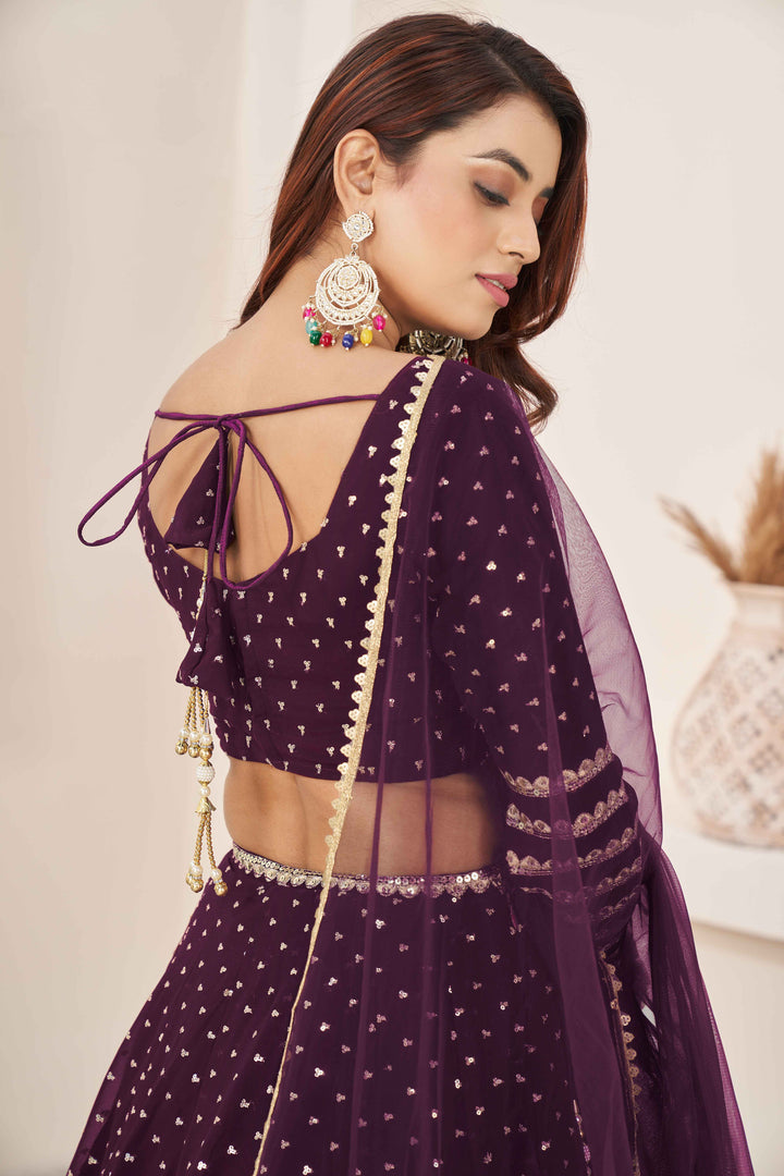 Dazzling Wine Sequins Georgette Wedding Wear Lehenga Choli