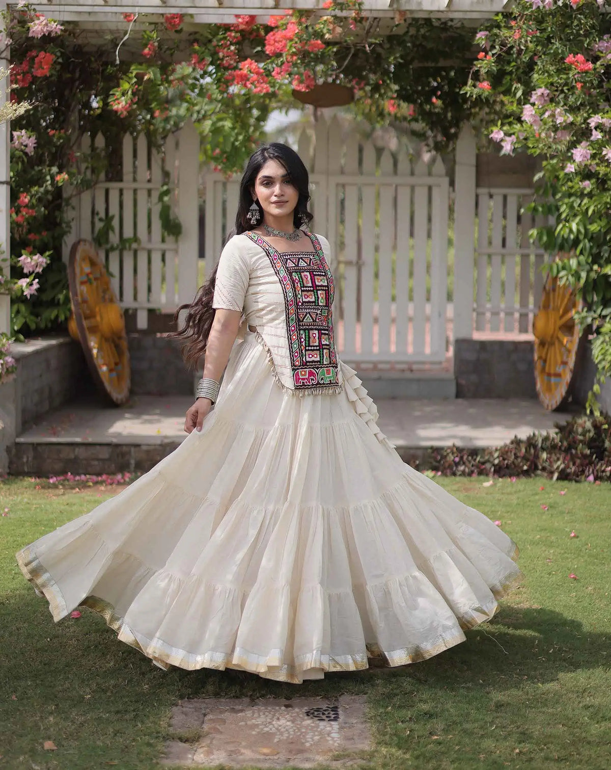 White Gamthi Work Navaratri Lehenga Choli