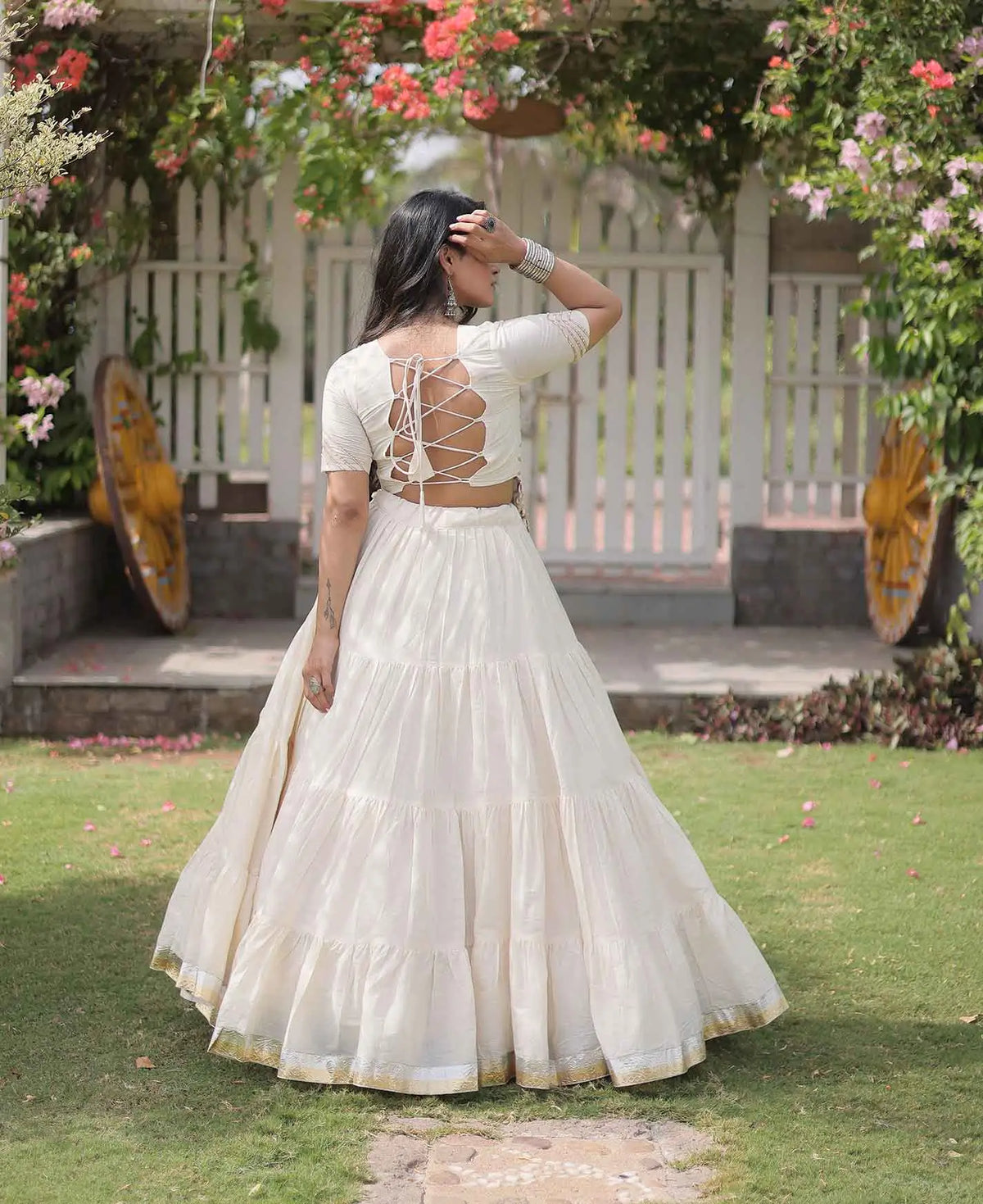 White Gamthi Work Navaratri Lehenga Choli