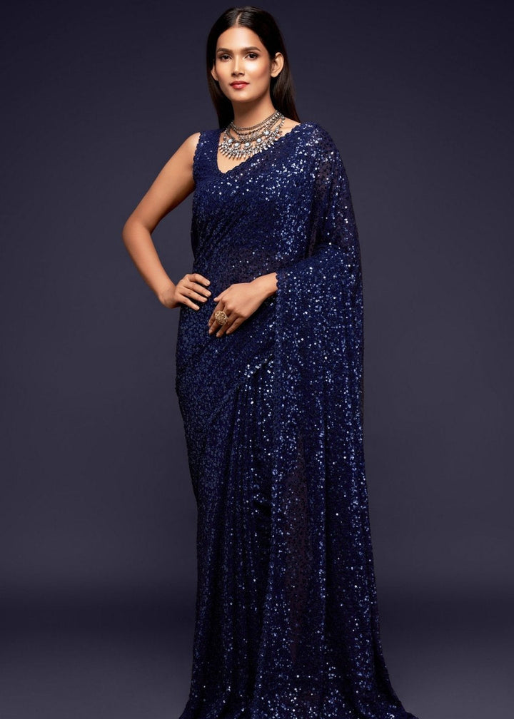 Berry Blue Sequins & Thread Embroidered Designer Georgette Saree in elegant blue color with intricate sequin and thread work on georgette fabric