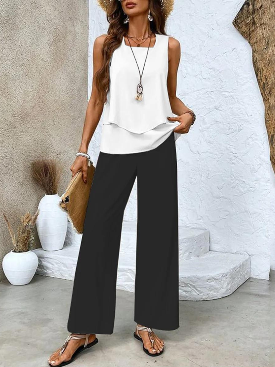 Averie | Elegant Layered Wide Leg Two Piece Summer Set by Qivii
