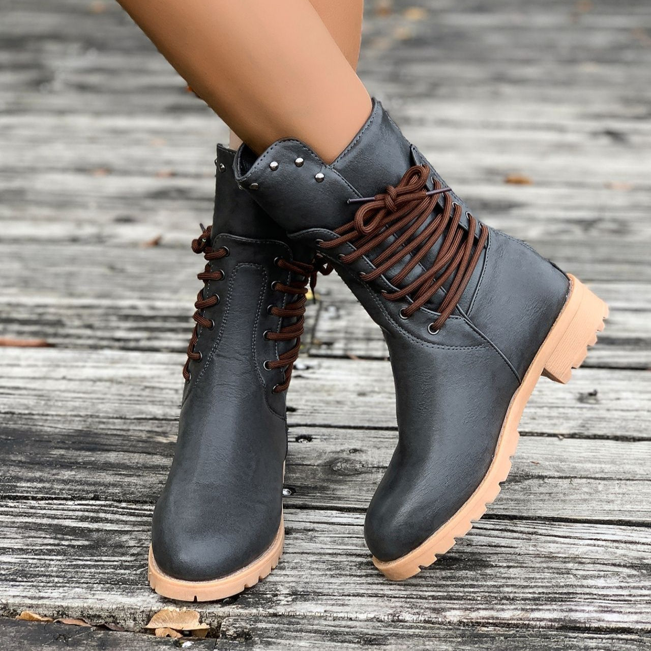 Women's Rivet Roma Boots - Side Lace Chunky Heel Mid Calf Boots (US 4-10.5)