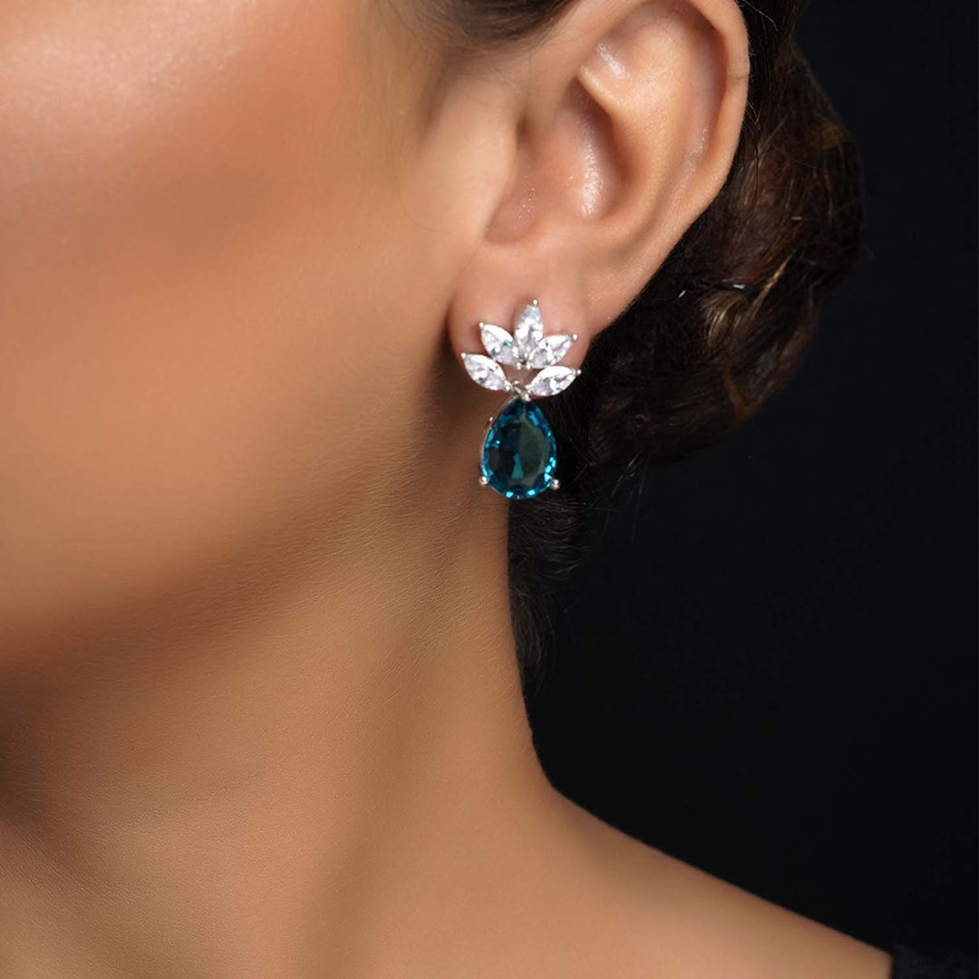 Deepa Fancy Cut Shape Diamond Earrings With Aqua Stone