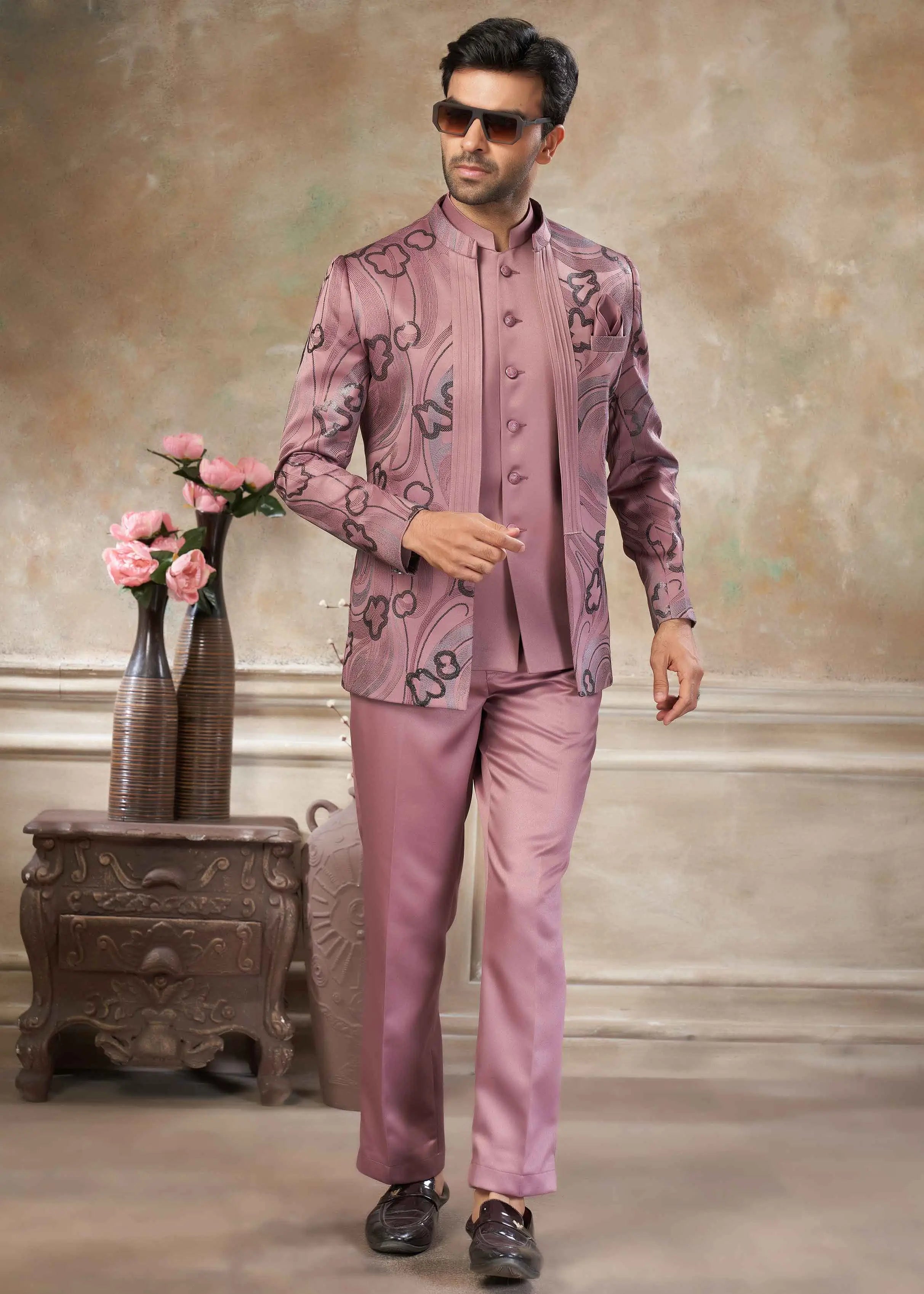 Rosy Brown Designer 3 Piece Jodhpuri | Qivii Online