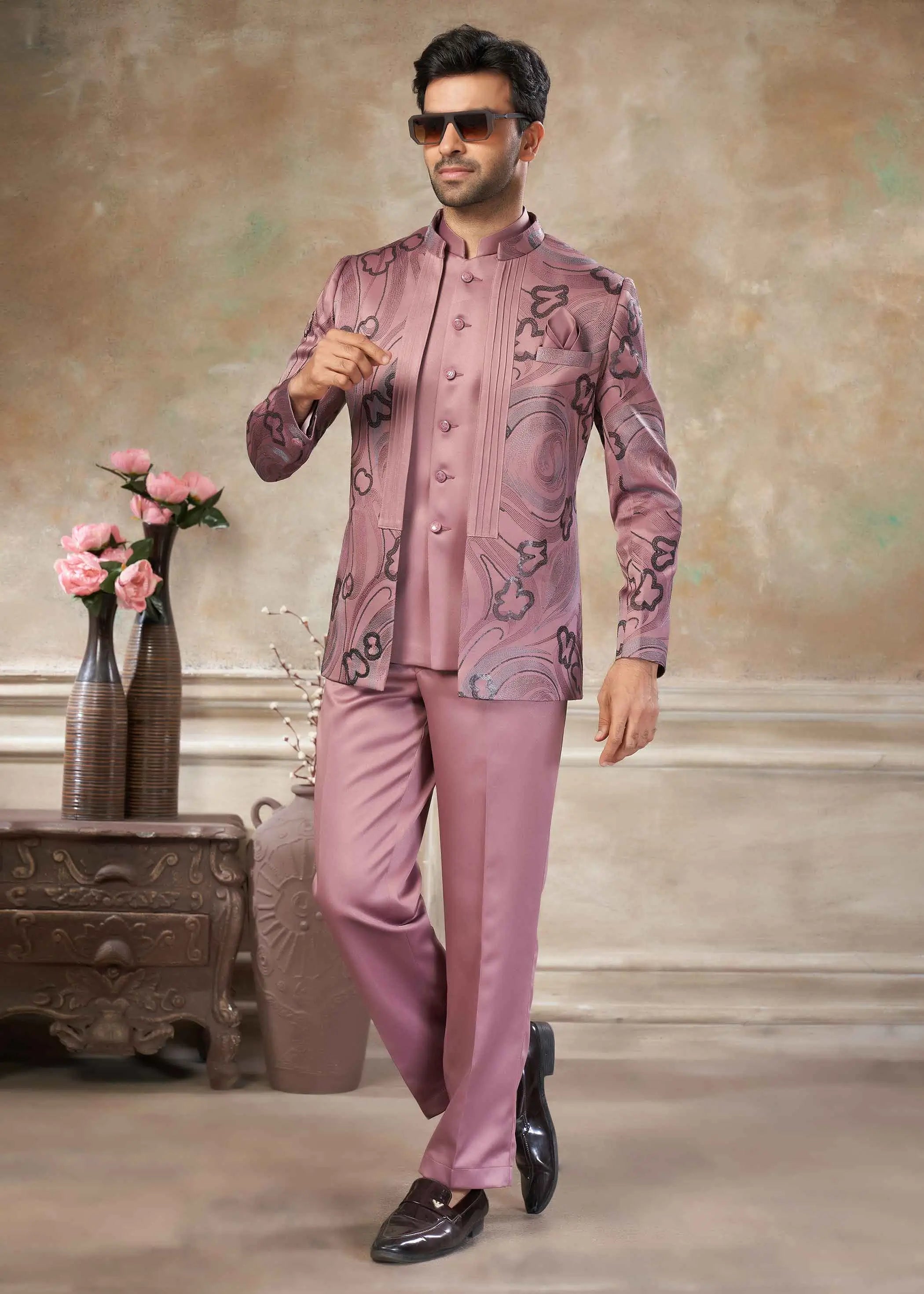Rosy Brown Designer 3 Piece Jodhpuri