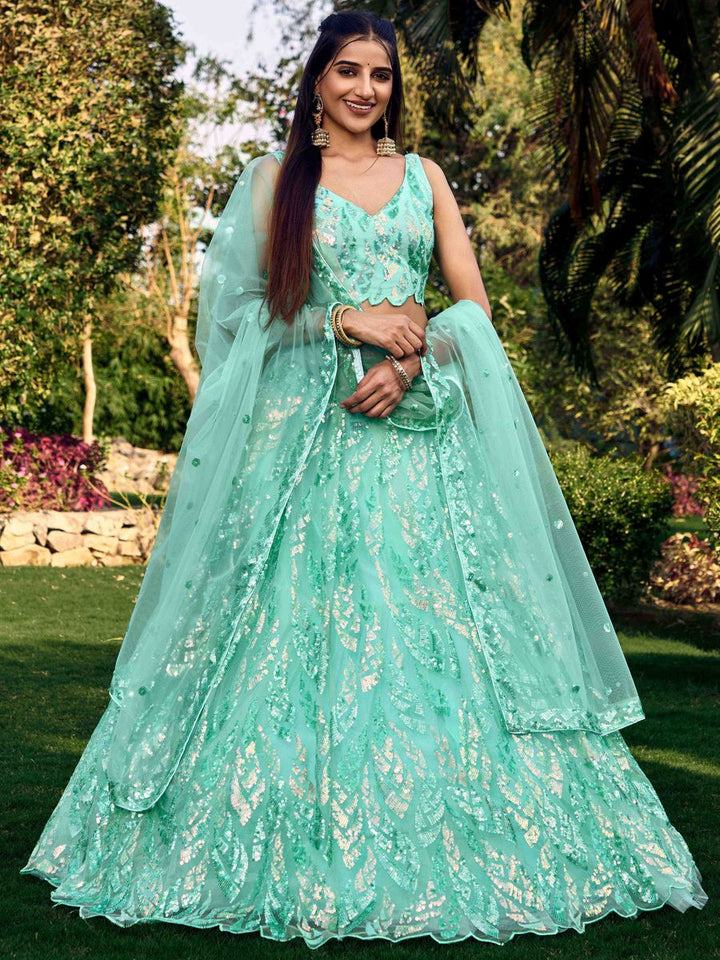 BLUE MULTIPLE SEQUINS THREAD EMBROIDERY WORK LEHENGA CHOLI