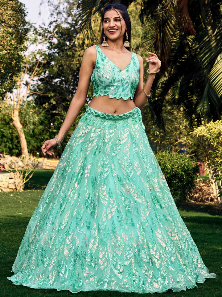 BLUE MULTIPLE SEQUINS THREAD EMBROIDERY WORK LEHENGA CHOLI