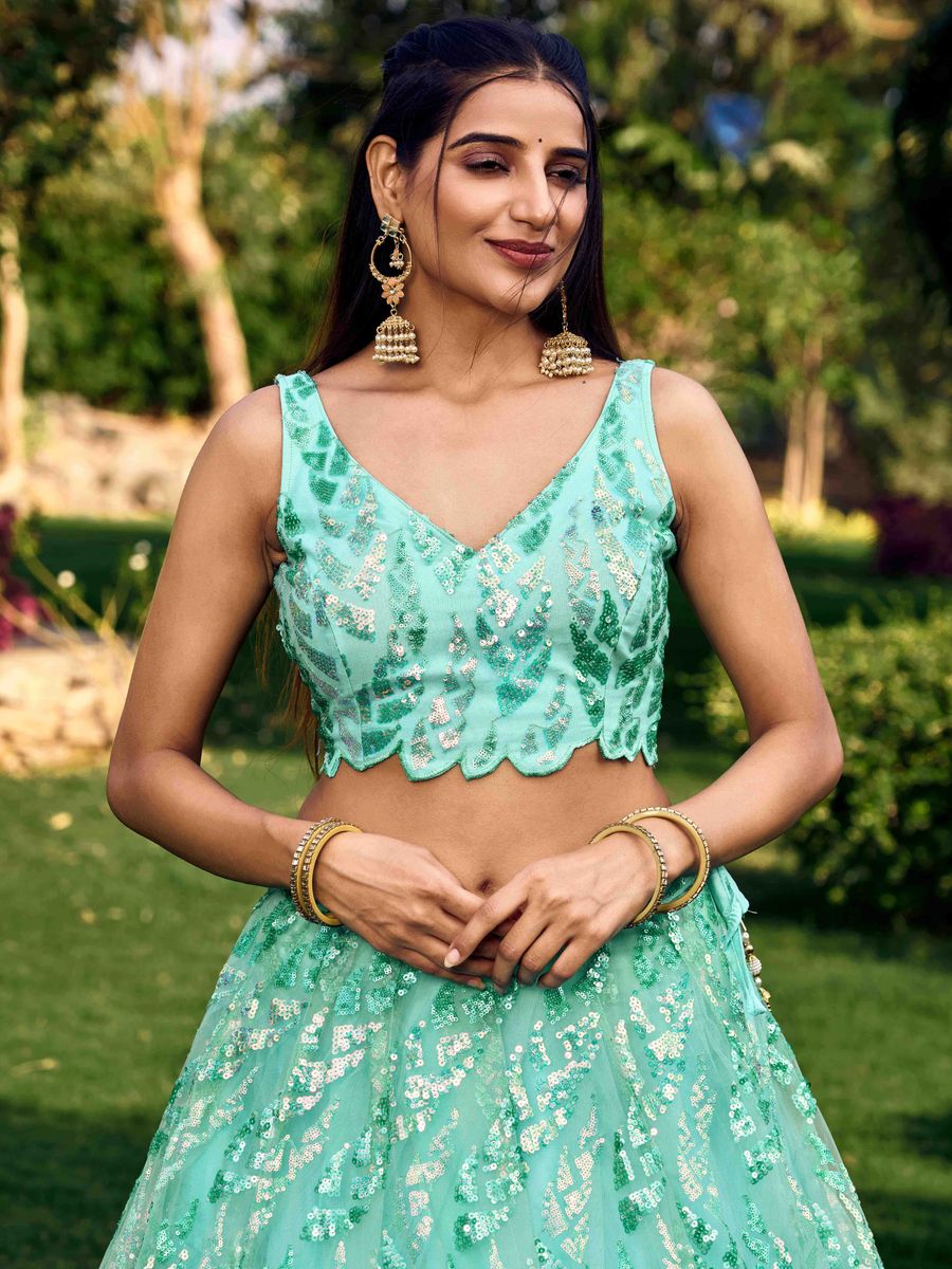 BLUE MULTIPLE SEQUINS THREAD EMBROIDERY WORK LEHENGA CHOLI