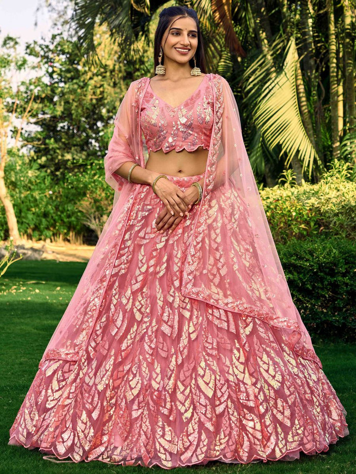 PINK MULTIPLE SEQUINS THREAD EMBROIDERY WORK LEHENGA CHOLI