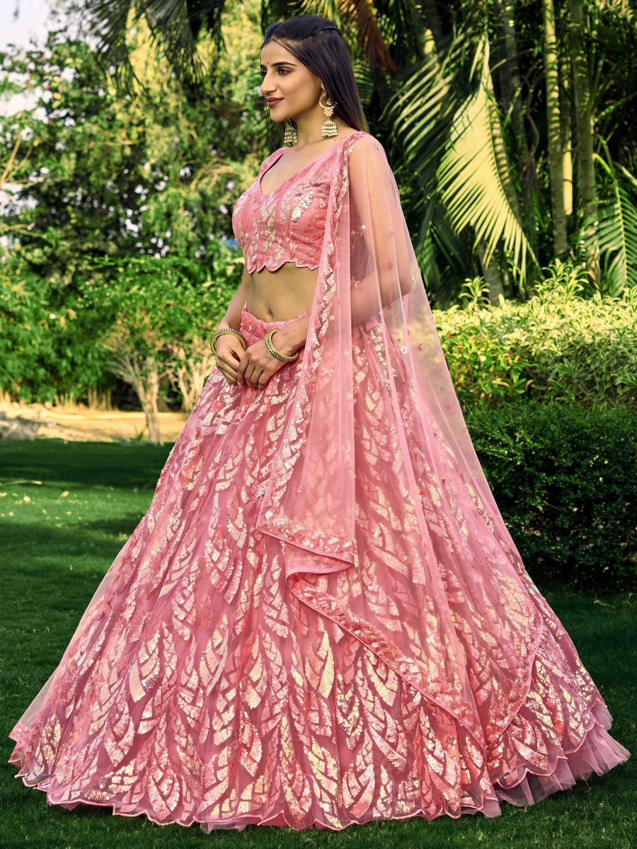 PINK MULTIPLE SEQUINS THREAD EMBROIDERY WORK LEHENGA CHOLI