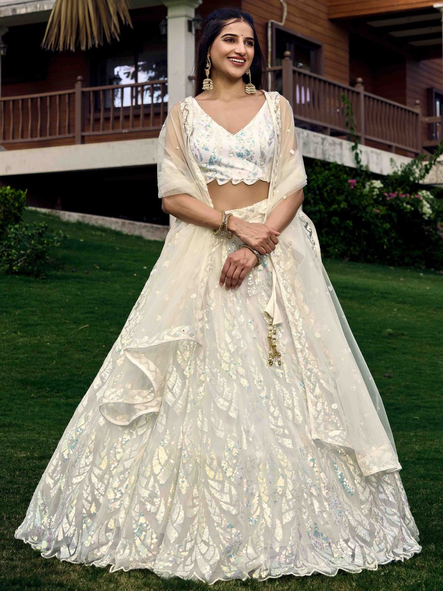 WHITE MULTIPLE SEQUINS THREAD EMBROIDERY WORK LEHENGA CHOLI