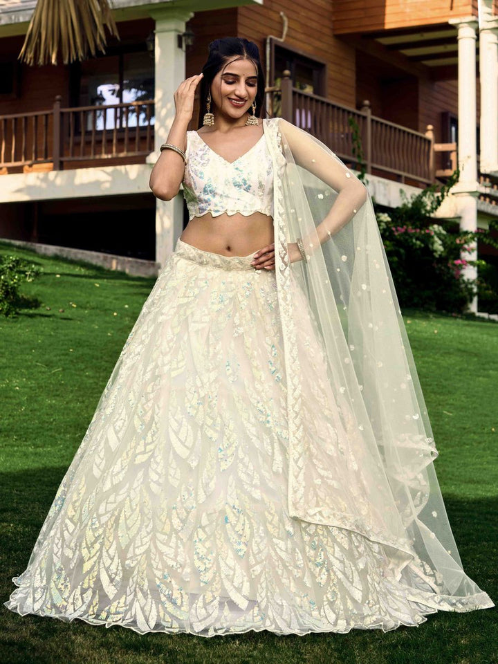 WHITE MULTIPLE SEQUINS THREAD EMBROIDERY WORK LEHENGA CHOLI