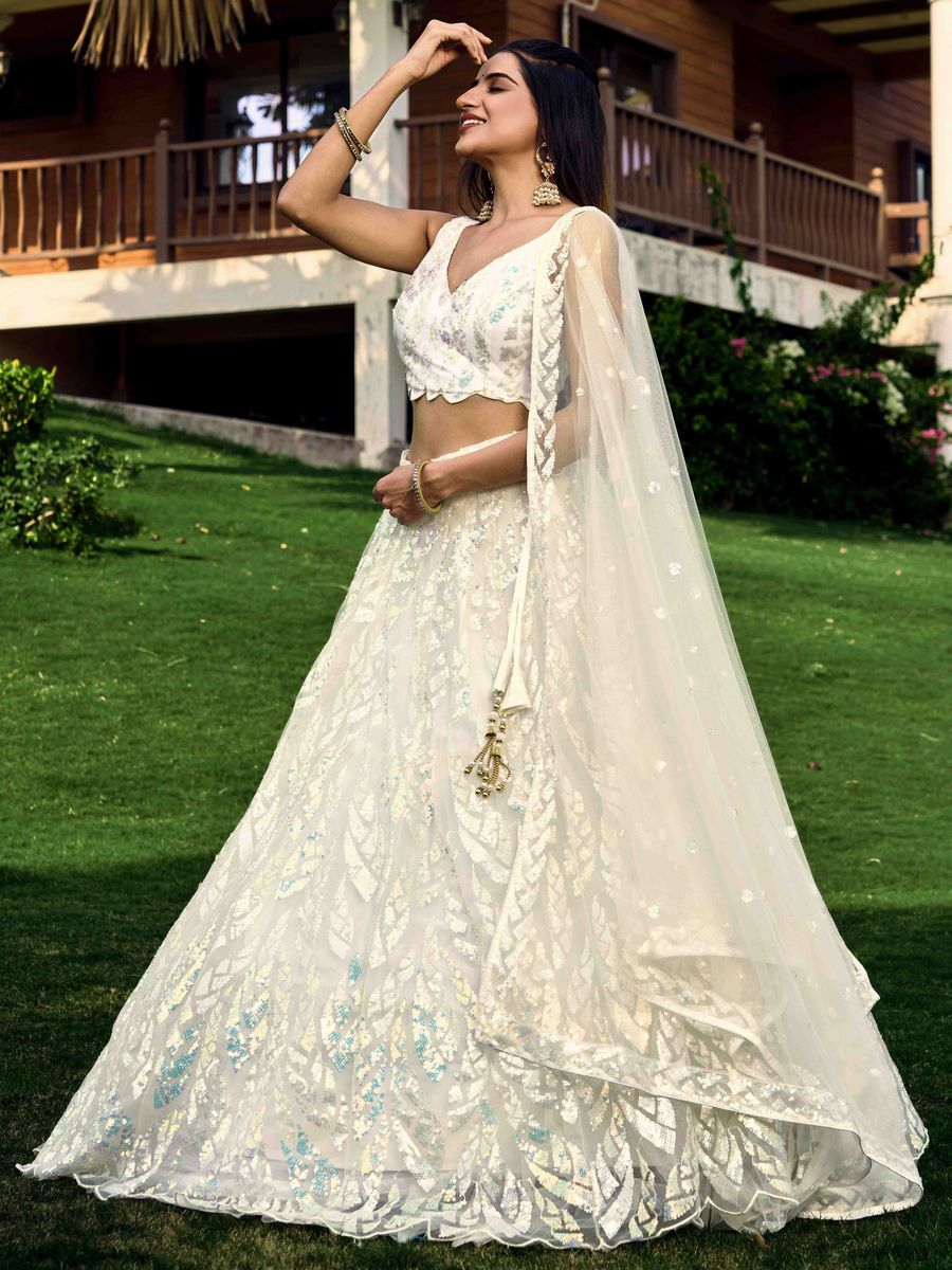 WHITE MULTIPLE SEQUINS THREAD EMBROIDERY WORK LEHENGA CHOLI