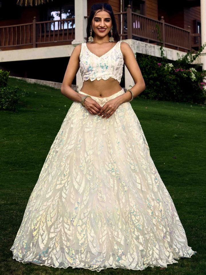 WHITE MULTIPLE SEQUINS THREAD EMBROIDERY WORK LEHENGA CHOLI