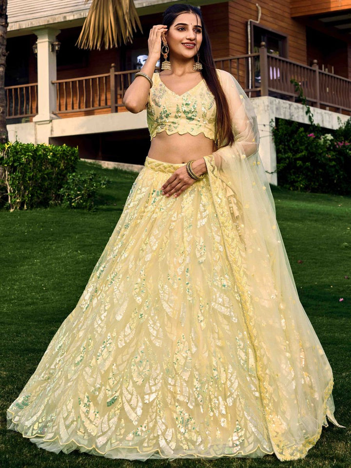 YELLOW MULTIPLE SEQUINS THREAD EMBROIDERY WORK LEHENGA CHOLI