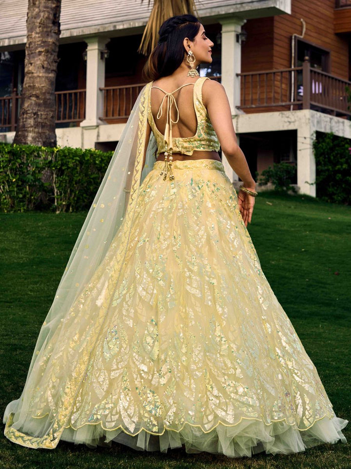 YELLOW MULTIPLE SEQUINS THREAD EMBROIDERY WORK LEHENGA CHOLI