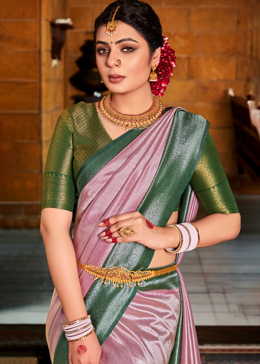 Carnation Pink Zari Woven Kanjivaram Silk Saree with Contrast Border & Pallu