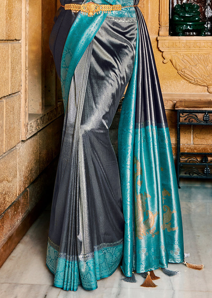 Iron Grey Zari Woven Kanjivaram Silk Saree with Contrast Border & Pallu