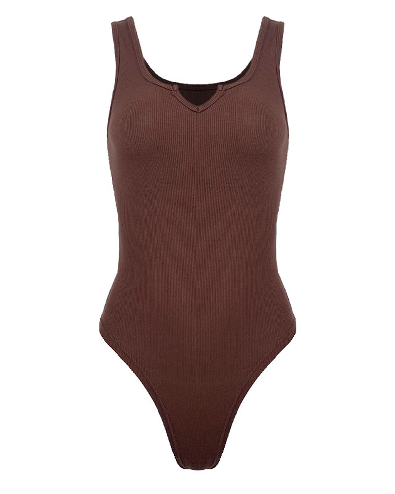 Solid Notched Neck Ribbed Sleeveless One Piece Bodysuit Shapewear  - By Qivii