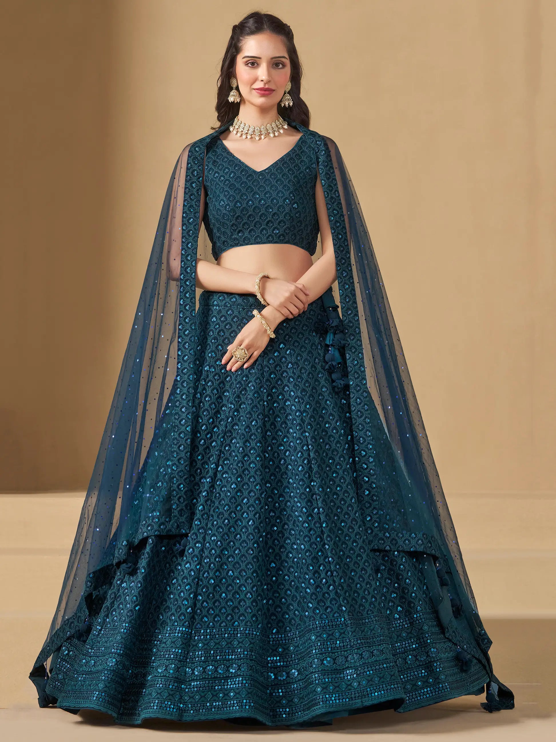 Teal Blue Georgette Lehenga With Sequins Embroidery Work And Dupatta