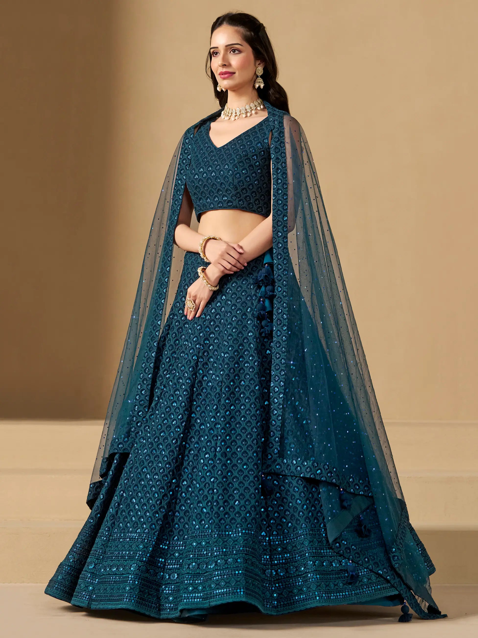 Teal Blue Georgette Lehenga With Sequins Embroidery Work And Dupatta