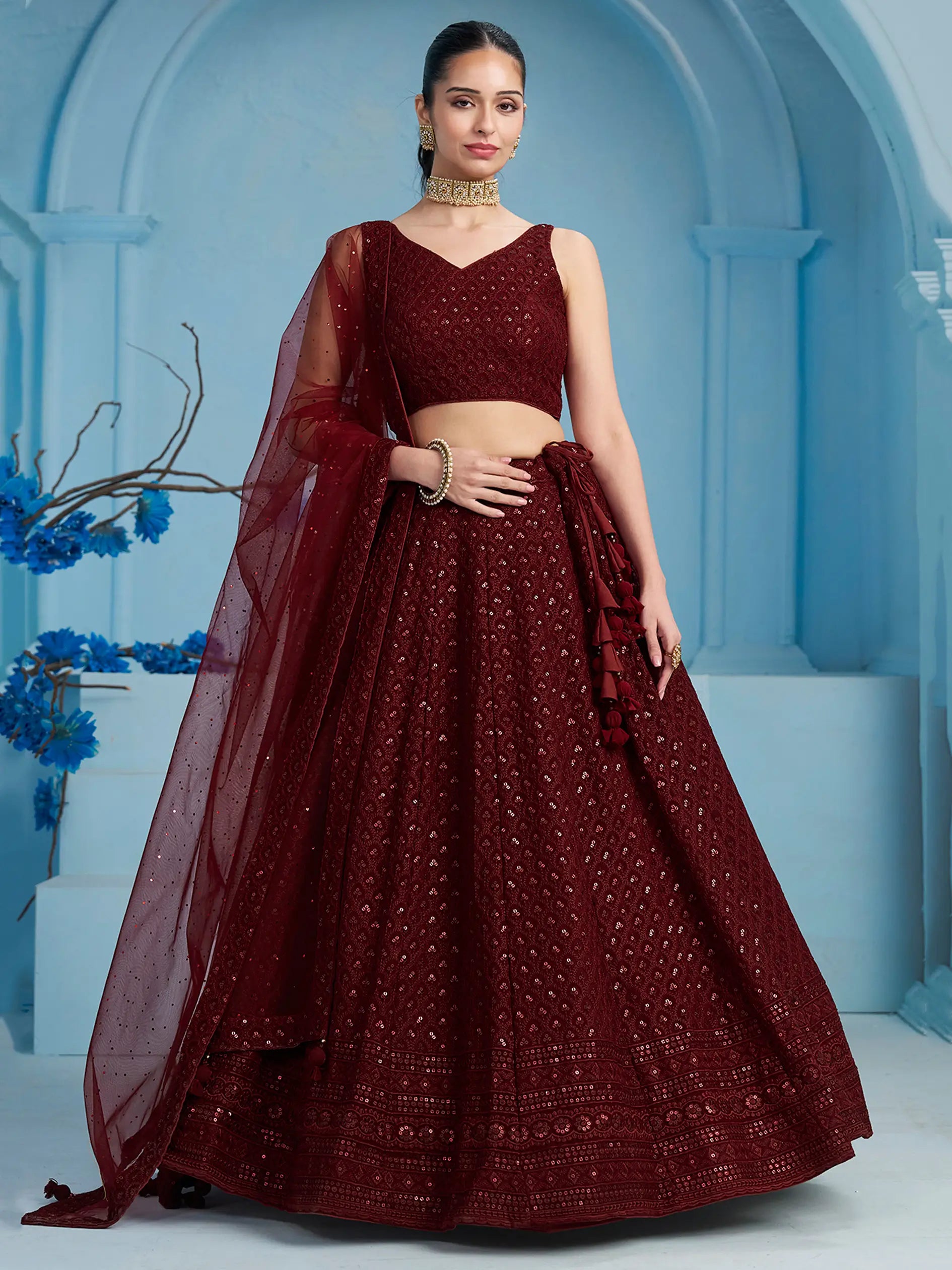 Maroon Designer Lehenga With Sequins Embroidery Work And Dupatta
