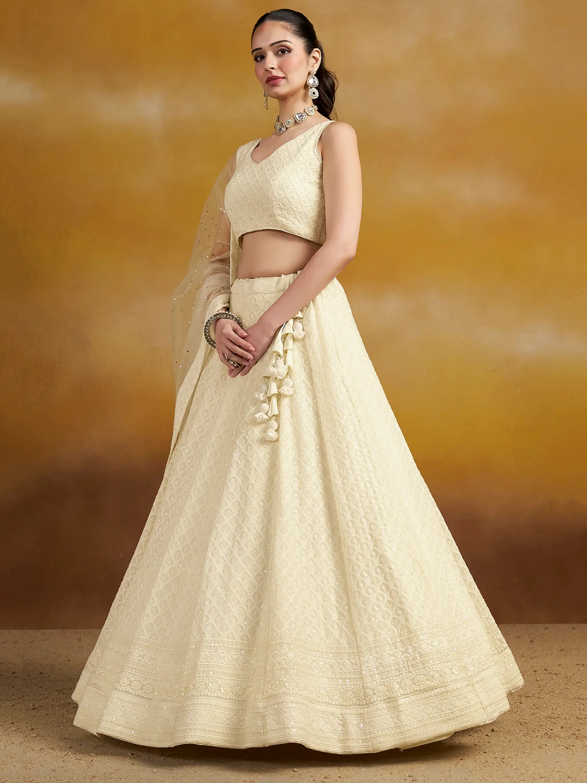 White Party Wear Lehenga With Sequins Embroidery Work And Dupatta - qivii