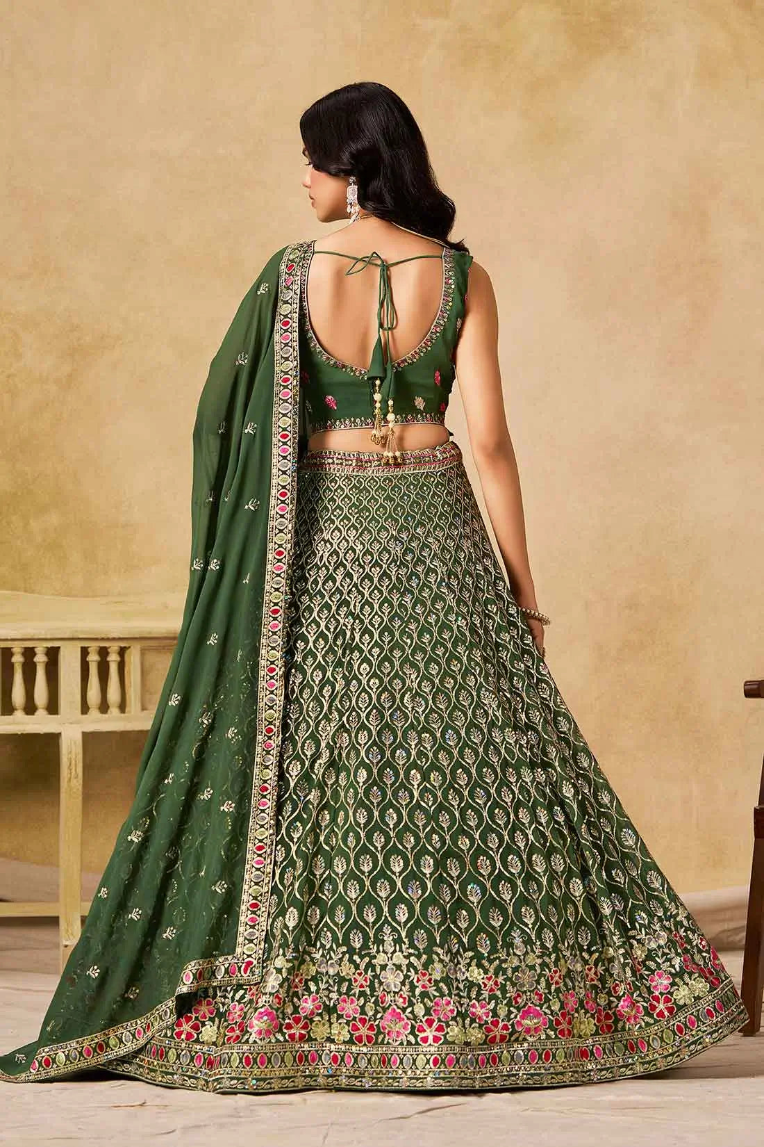 Dark Green Sequins Embroidery Work Lehenga Choli