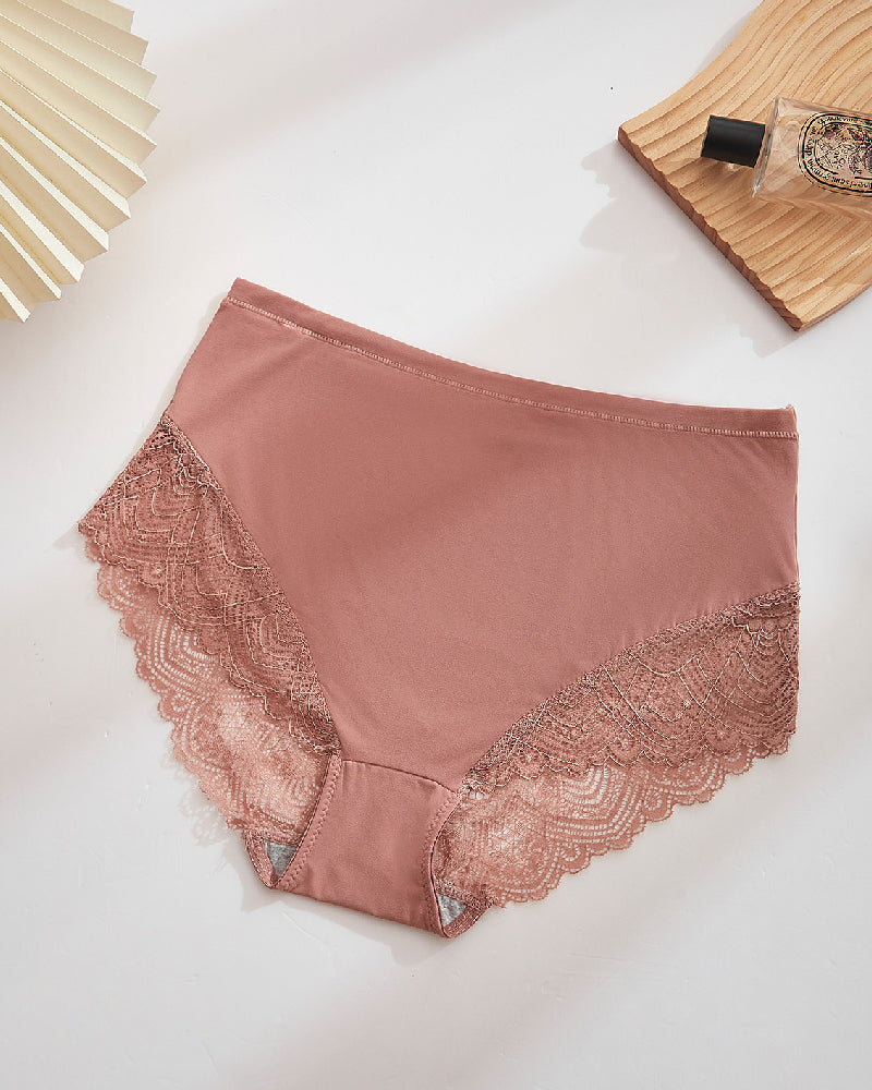 Women's Sexy Semi Sheer Mid-Waist Lace Stitching Breathable Briefs  - By Qivii