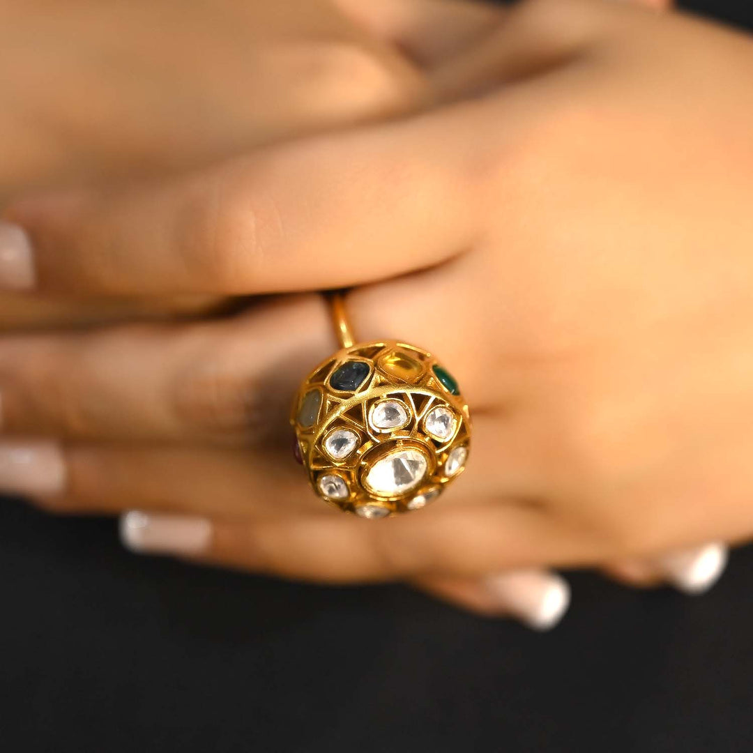 Heena Multi Colour Gold Plated Kundan Ring with Intricate Floral Design