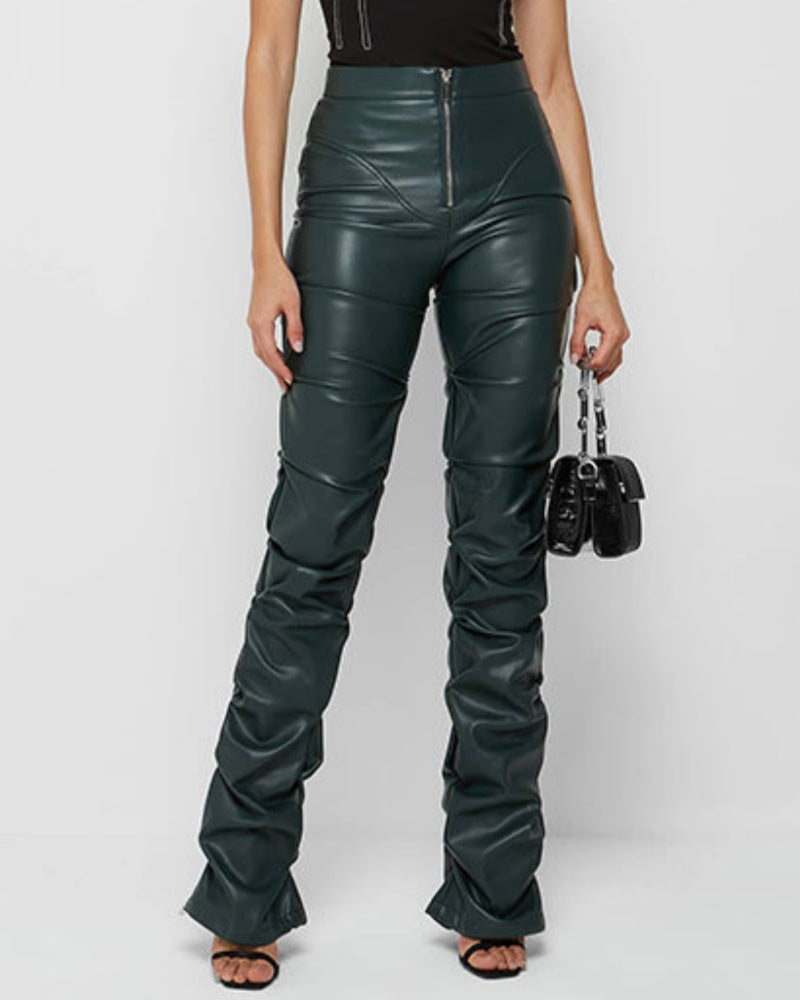 PU Leather Personalized Pleated Flared Pants  - By Qivii