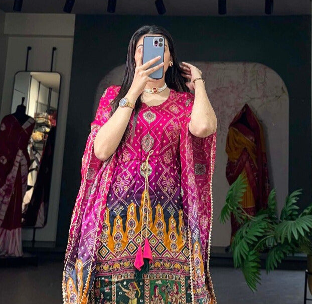 Dark Pink Pure Gaji Silk Digital Print with Gotta Patti Lace Border also comes with tassels Kaftan Dress