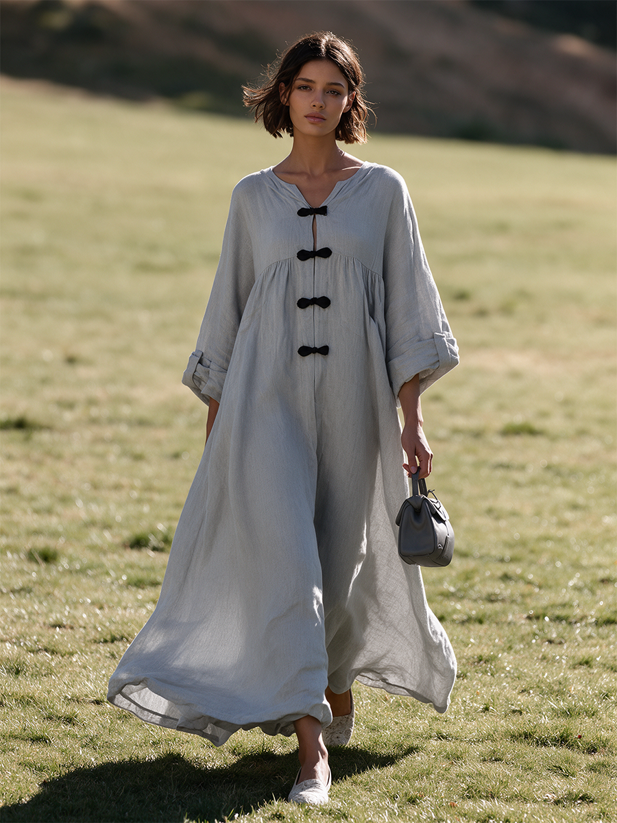 Women's Frog‑Button Linen Resort Maxi Dress MDZ2743H9LYL