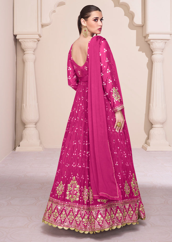 Hot Pink Bandhani Printed Chinon Silk Anarkali Gown with Intricate Embroidery work By Qivii