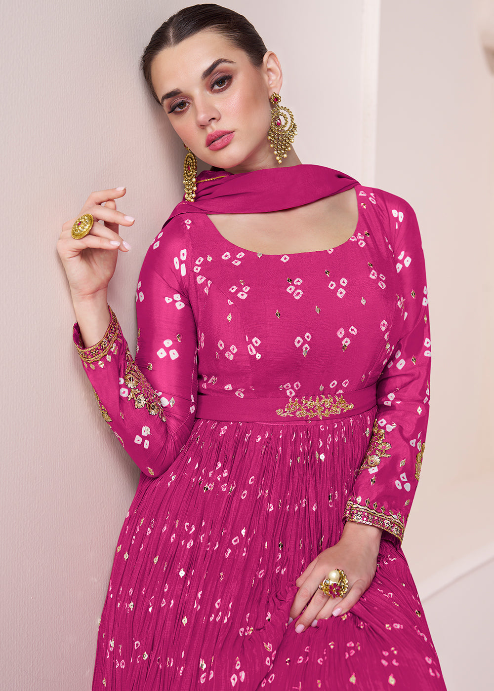 Hot Pink Bandhani Printed Chinon Silk Anarkali Gown with Intricate Embroidery work By Qivii