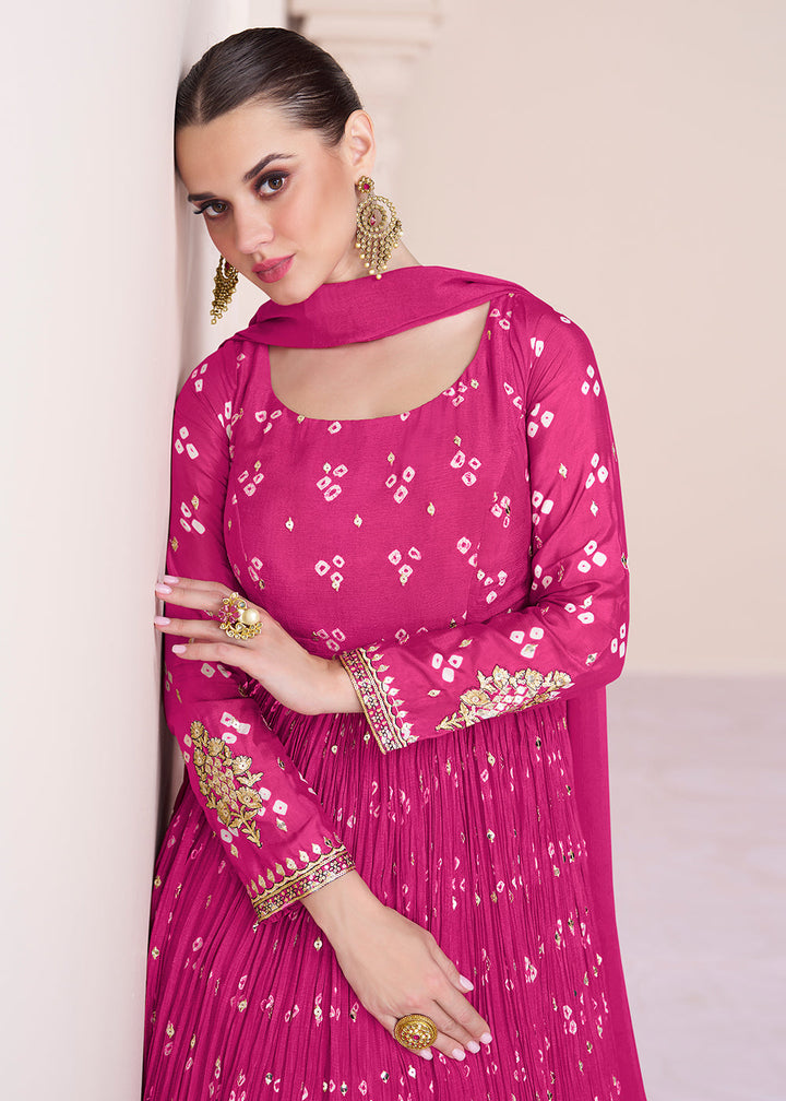 Hot Pink Bandhani Printed Chinon Silk Anarkali Gown with Intricate Embroidery work By Qivii