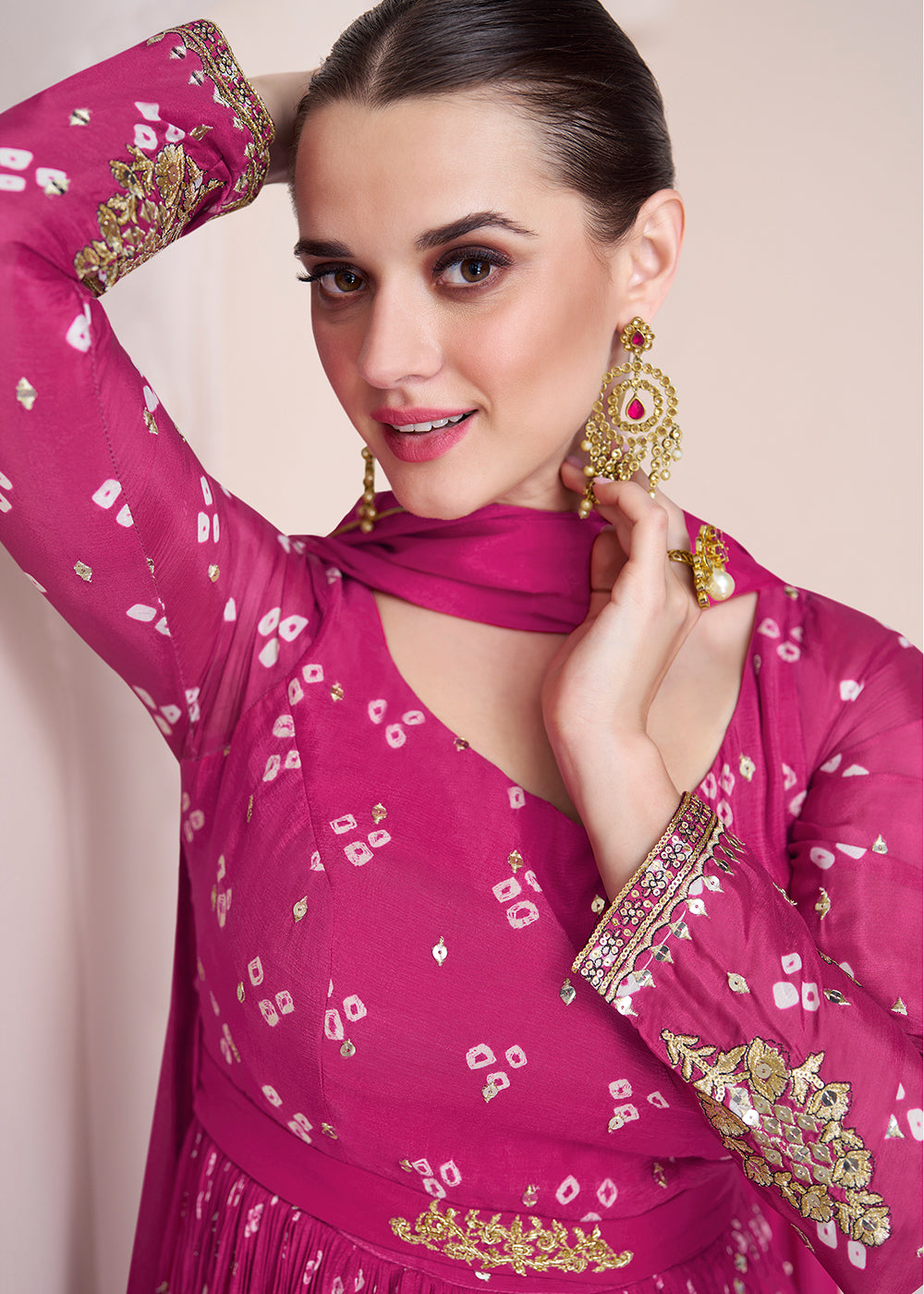 Hot Pink Bandhani Printed Chinon Silk Anarkali Gown with Intricate Embroidery work By Qivii