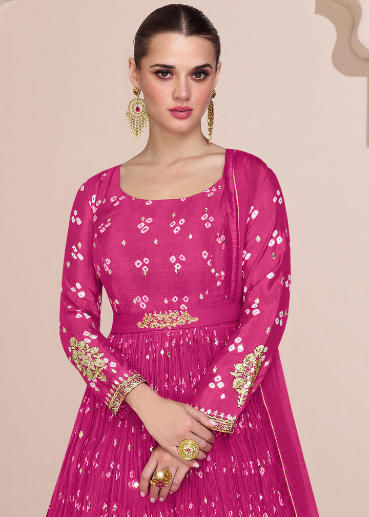 Hot Pink Bandhani Printed Chinon Silk Anarkali Gown with Intricate Embroidery work By Qivii