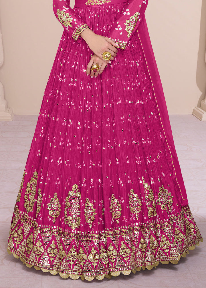 Hot Pink Bandhani Printed Chinon Silk Anarkali Gown with Intricate Embroidery work By Qivii