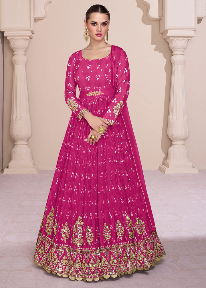 Hot Pink Bandhani Printed Chinon Silk Anarkali Gown with Intricate Embroidery work By Qivii