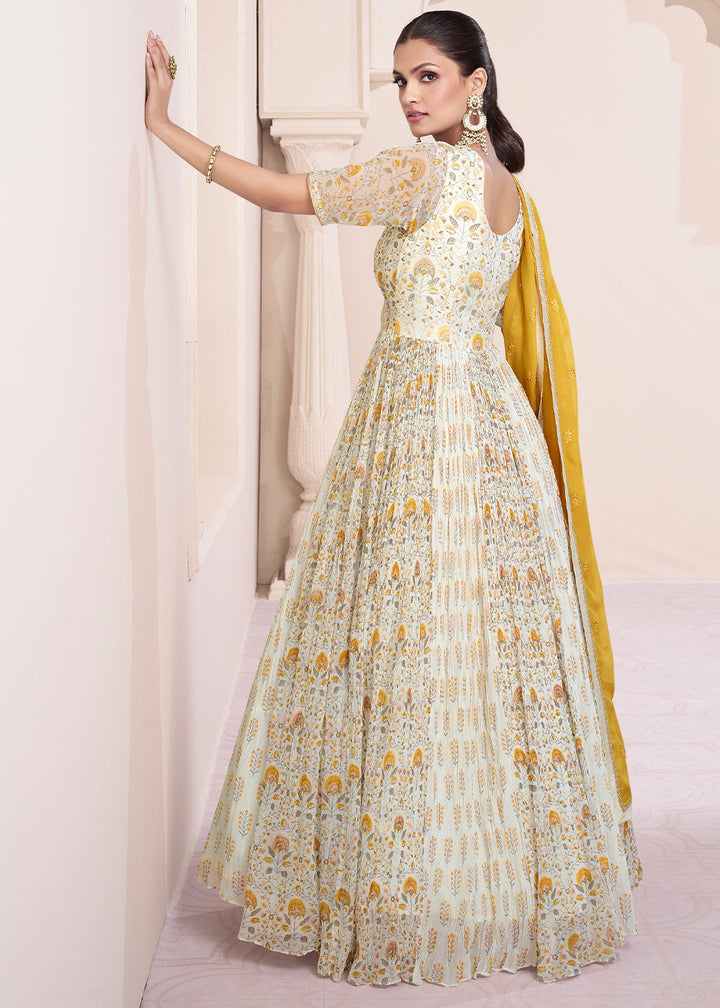 Parchment White Georgette Anarkali Gown with Intricate Embroidery work By Qivii